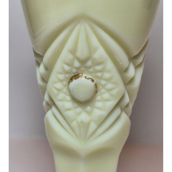 Jefferson Diamond W/ Peg Rose Decorated Custard Glass Vase Glows Art Deco - Picture 12 of 16